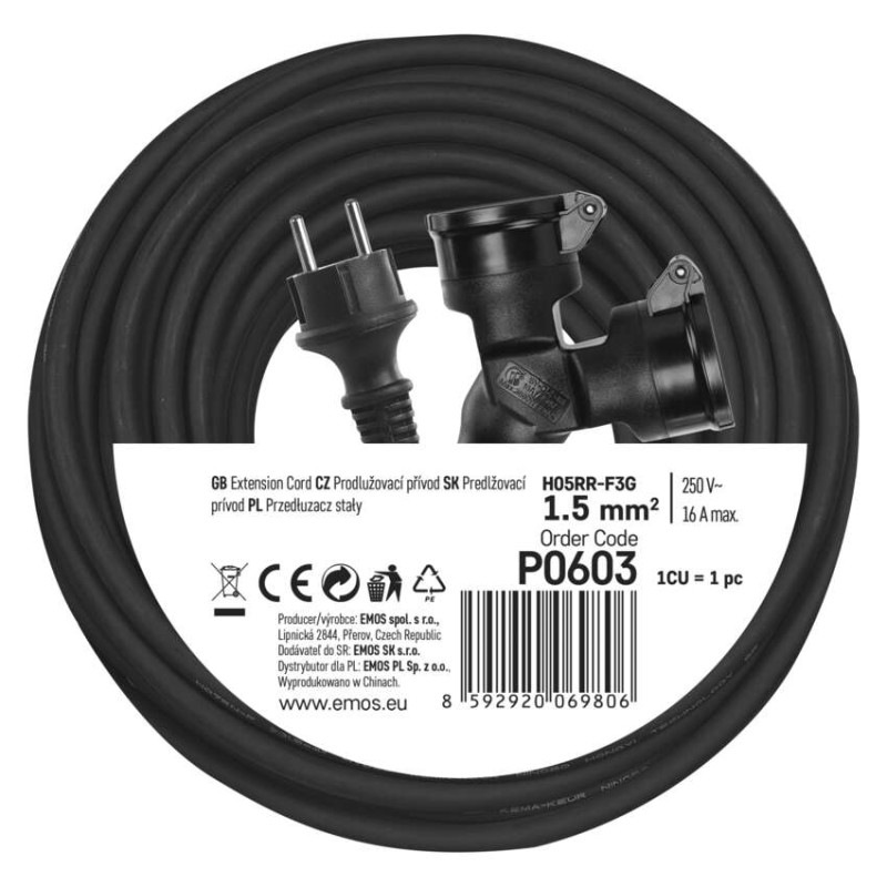 Vonkajší predlžovací kábel 20 m / 2 zásuvky / čierny / guma / 230 V / 1,5 mm2 9