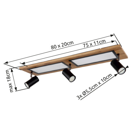 Stropné svietidlo kov čierny, MDF, imitácia tmavého dreva, plast biely, prepínanie funkcií nástenným 12