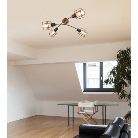 Stropné svietidlo, kov čierny, drevo hnedé, DxŠxV:720x720x240, bez žiaroviek 4xE27, max. 40W 230V 1