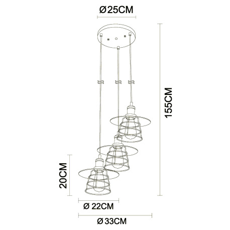 Závesné svietidlo, kov čierny, mosadz, čierny PVC kábel, ø: 330mm, V:1550mm, bez žiaroviek 3x E27, m 17