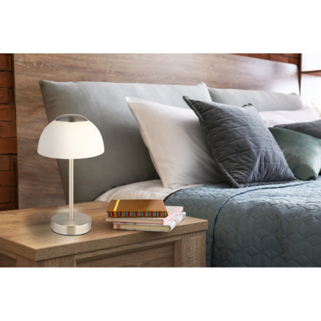 Nabíjateľná stolová lampa, kov nikel matný, sklo biele, dotykové zapnutie/vypnutie, plynulá reguláci 7