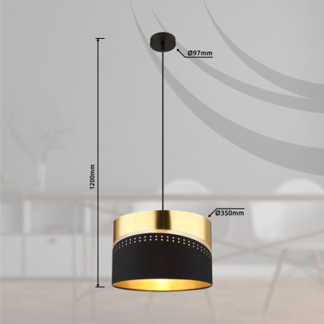 Závesné svietidlo, čierny matný kov, čierny textil, plast zlatej farby, čierny PVC kábel, výskovo na 8