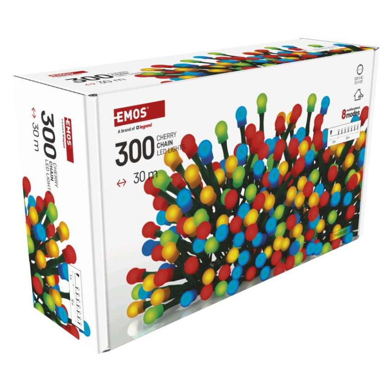 LED vianočná cherry reťaz – guličky, 30 m, vonk. aj vnútor., multicolor, programy, časovač 12
