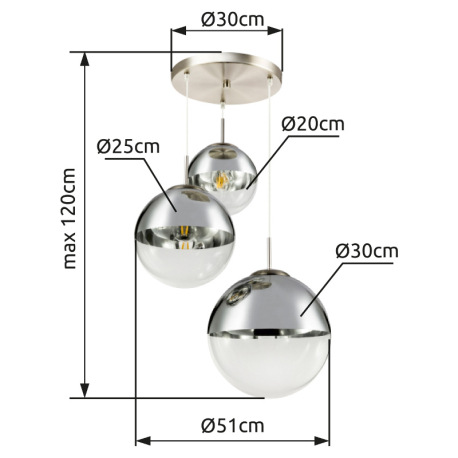 Závesné svietidlo, kov nikel matný, sklo priehľadné chróm, 3 gule s priemerom: 20 - 25 - 30 cm, Ø510 20