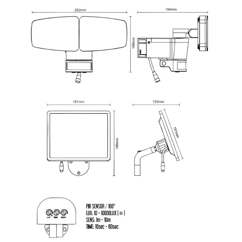 LED čierne vonkajšie solárne svietidlo so senzorom 12W / 3000K - 4100K - 6500K - LS023 12