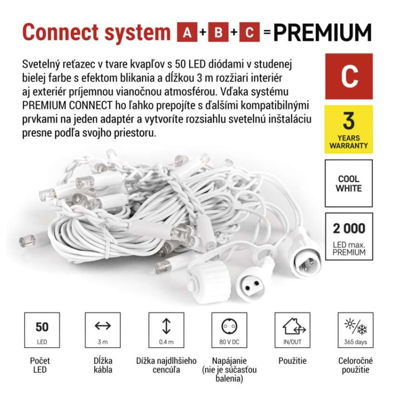 Premium LED spojovacia reťaz preblikujúca biela – cencúle, 3 m, vonk., studená biela