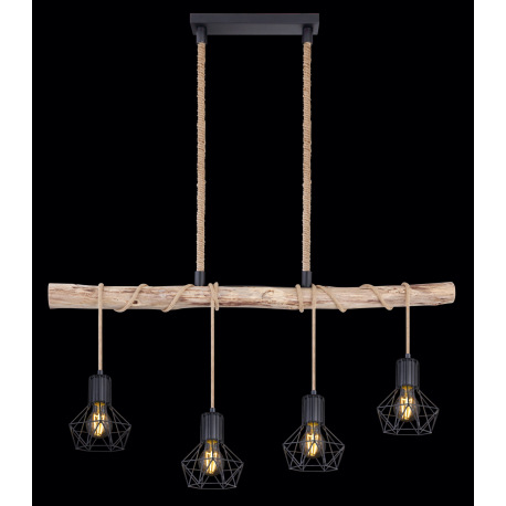 Závesné svietidlo, kov čierny, drevo, kov čierny, konopné lano, DxŠxV: 1000x150x1200, bez žiaroviek 5