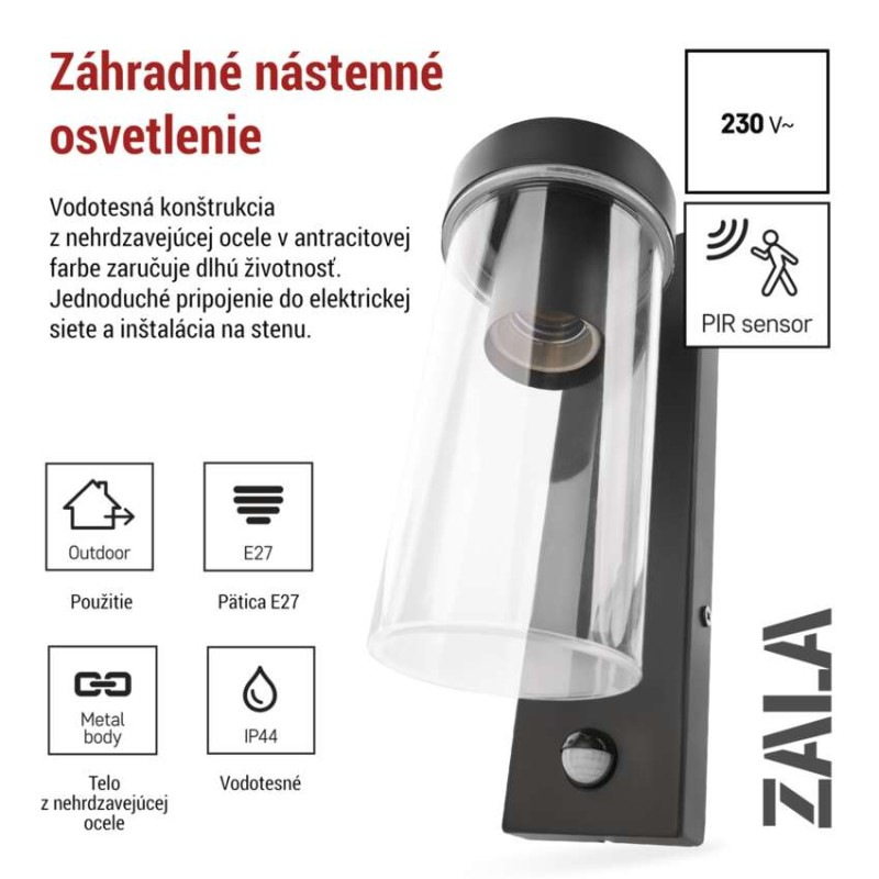 Záhradné nástenné svietidlo ZALA, senzor súmraku, 14,5 x 8,9 x 26,2 cm, 1 x E27, 15 W 2