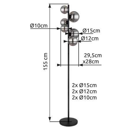 Stojacia lampa kov čierna matná, sklo dymové, vypínač, DxŠxV: 295x280x1550mm, dĺžka kábla 2400mm, ø 6