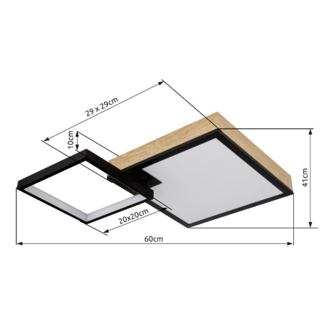 Stropné svietidlo kov čierny matný, MDF imitácia dreva, akryl biely, stmievateľné, niekoľko úrovní p 20