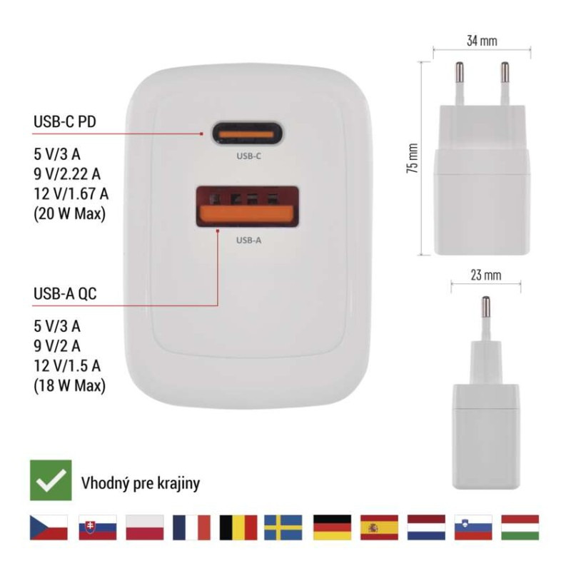 Univerzálny USB adaptér GaN do siete PD 20 W max. 3