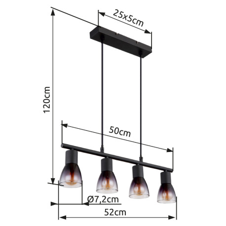 Závesné svietidlo, kov čierny, sklo dymové a priehľadné, kábel PVC čierny, možnosť skrátenia výšky, 20