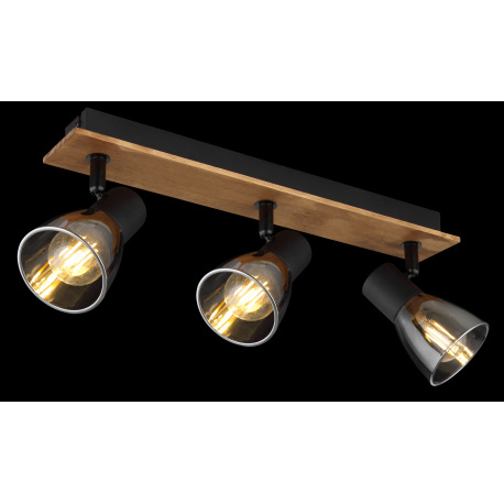 Stropné svietidlo, drevo hnedé, kov čierny, dymové sklo, DxŠxV:400x70x155mm, bez žiaroviek 3x E14, m 14