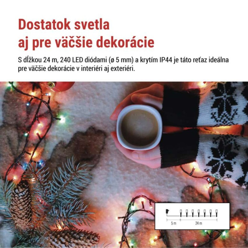 LED vianočná reťaz, 24 m, vonkajšia aj vnútorná, multicolor, programy, časovač 1