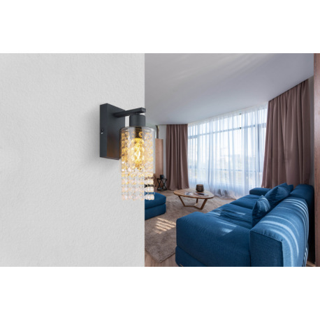 Nástenné svietidlo kov čierny matný, sklo dymové, sklenené kryštály číre, smer svetla: nadol, ŠxV: 1 7