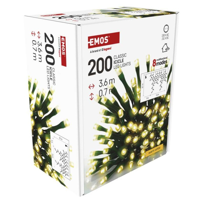 LED vianočné cencúle, 3,6 m, vonkajšie aj vnútorné, teplá biela, programy 10