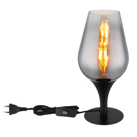 Stolové svietidlo, čierny matný kov, sklo chrómovej farby, priehľadné, čierny textilný kábel, kolísk 3