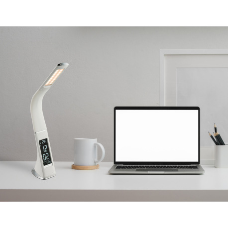 Stolová lampa, plast, biela, chróm, s hodinami a budíkom, flexo, zmena farby svetla, CCT 3000-4500-5 7