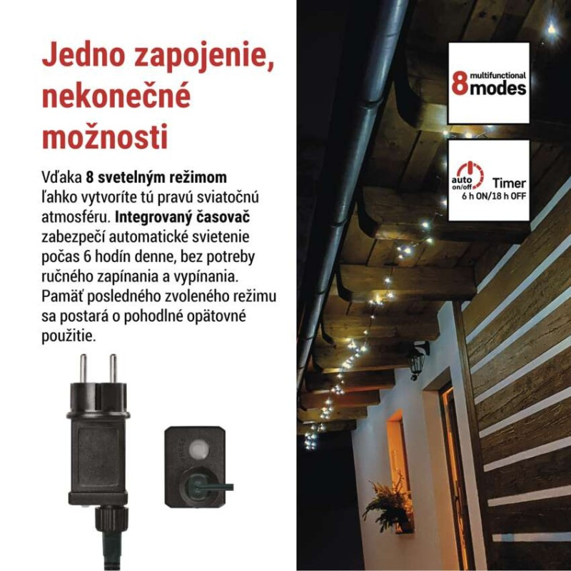 LED vianočná reťaz, 8 m, vonkajšia aj vnútorná, studená biela, programy, časovač 2