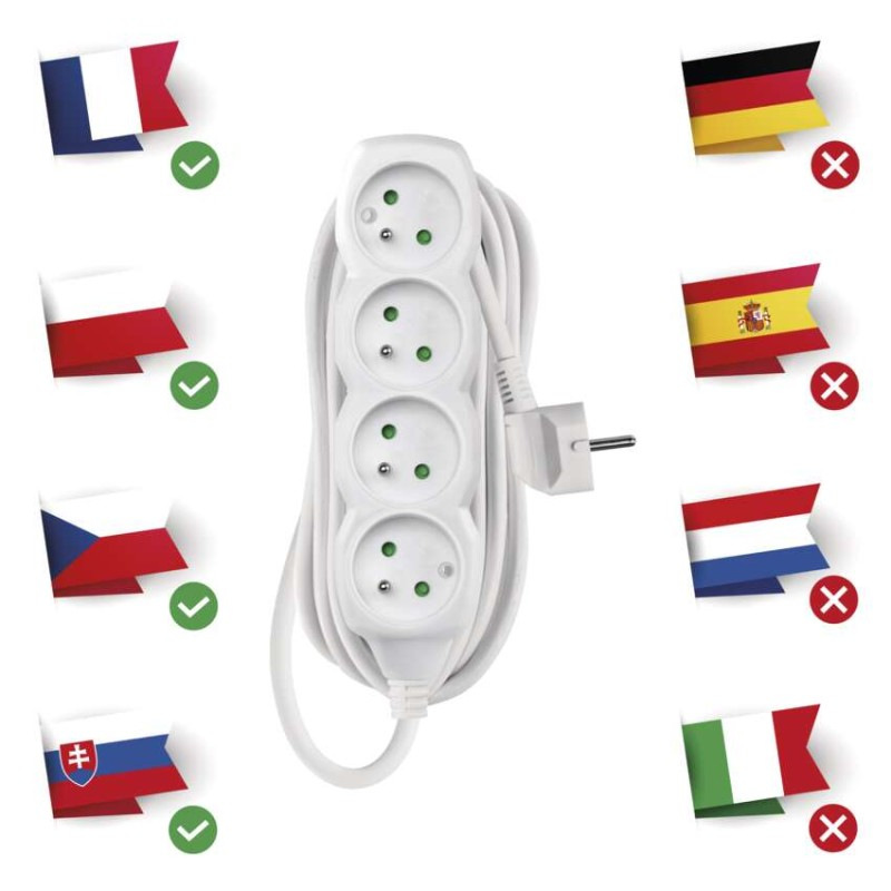 Predlžovací kábel 5 m / 4 zásuvky / biely / PVC / 1,5 mm2 1