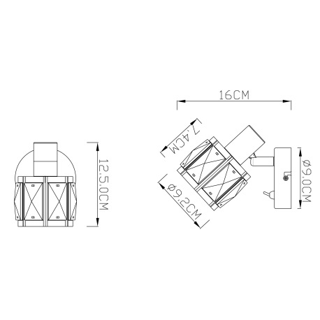 Nástenné svietidlo, kov nikel matný, chróm, sklenený kryštál priehľadný, vypínač, ŠxV:92x125, H:160, 11