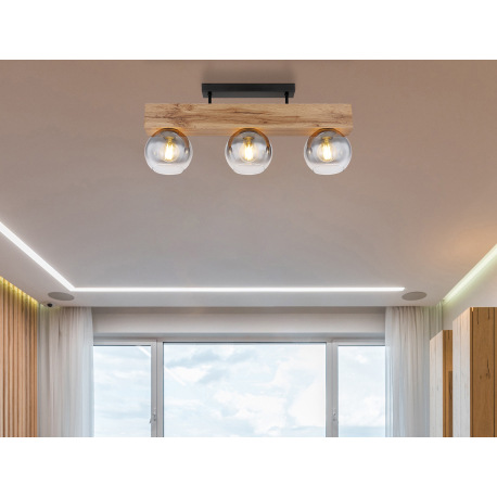 Stropné svietidlo kov čierny matný, MDF, imitácia tmavého dreva, dymové sklo, DxŠxV: 650x150x280mm, 1