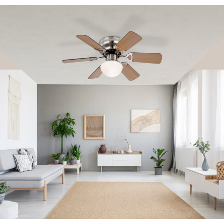 Stropný ventilátor, kov, sklo, nikel matný, 3 rýchlosti, 2 smery otáčania, ťahový vypínač, ø:760, V: 1