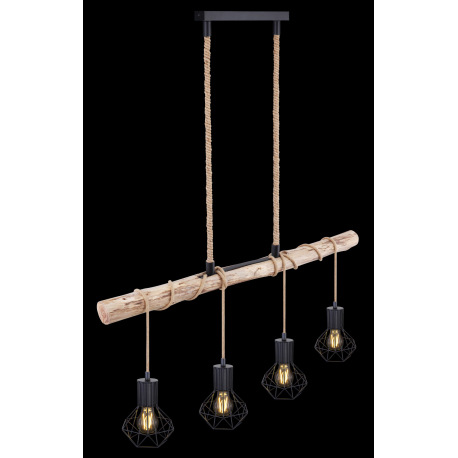Závesné svietidlo, kov čierny, drevo, kov čierny, konopné lano, DxŠxV: 1000x150x1200, bez žiaroviek 8