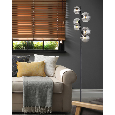 Stojacia lampa kov čierna matná, sklo dymové, vypínač, DxŠxV: 295x280x1550mm, dĺžka kábla 2400mm, ø 1