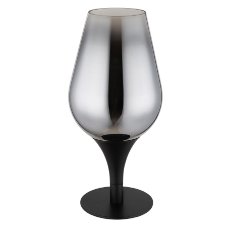 Stolové svietidlo, čierny matný kov, sklo chrómovej farby, priehľadné, čierny textilný kábel, kolísk 2