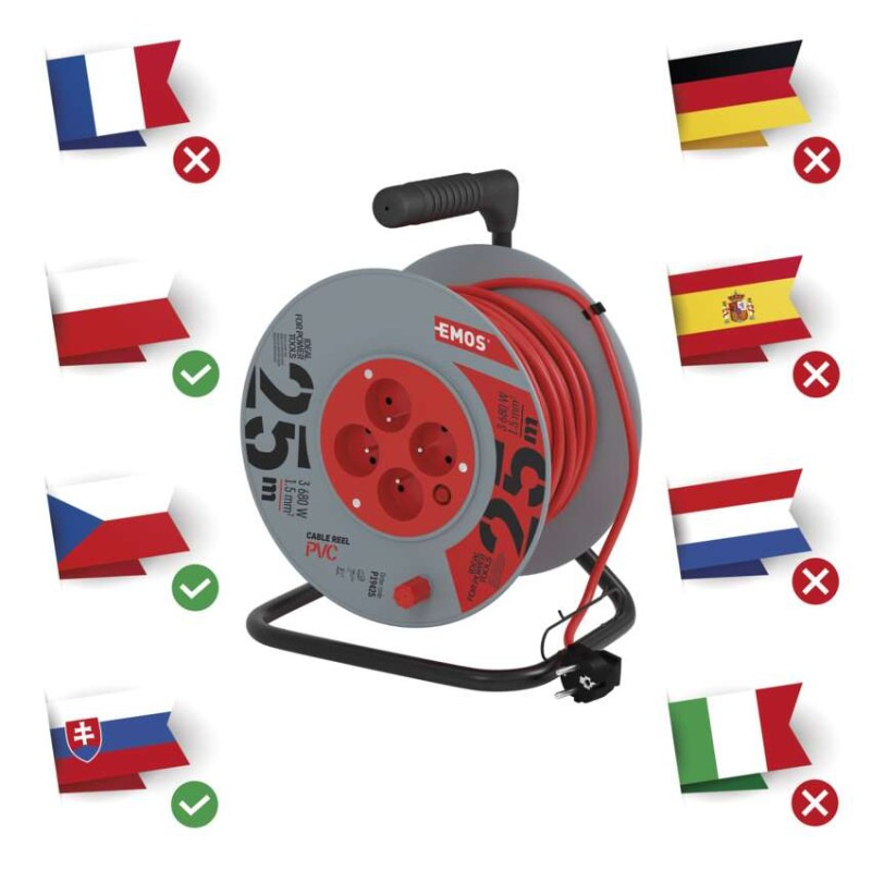 Predlžovací kábel na bubne 25 m / 4 zásuvky / červený / PVC / 230 V / 1,5 mm2 5