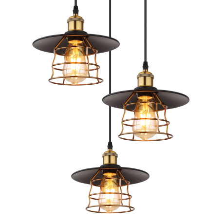 Závesné svietidlo, kov čierny, mosadz, čierny PVC kábel, ø: 330mm, V:1550mm, bez žiaroviek 3x E27, m 13