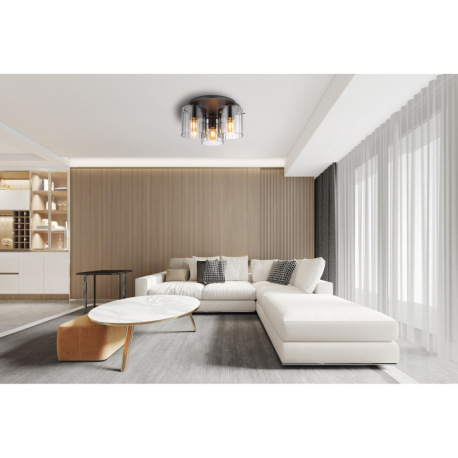 Stropné svietidlo, tmavosivý kov, dymové sklo, sklá s drážkami, ø: 370mm, V: 200mm, bez žiaroviek 3x 4