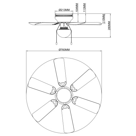 Stropný ventilátor, kov, sklo, nikel matný, 3 rýchlosti, 2 smery otáčania, ťahový vypínač, ø:760, V: 7