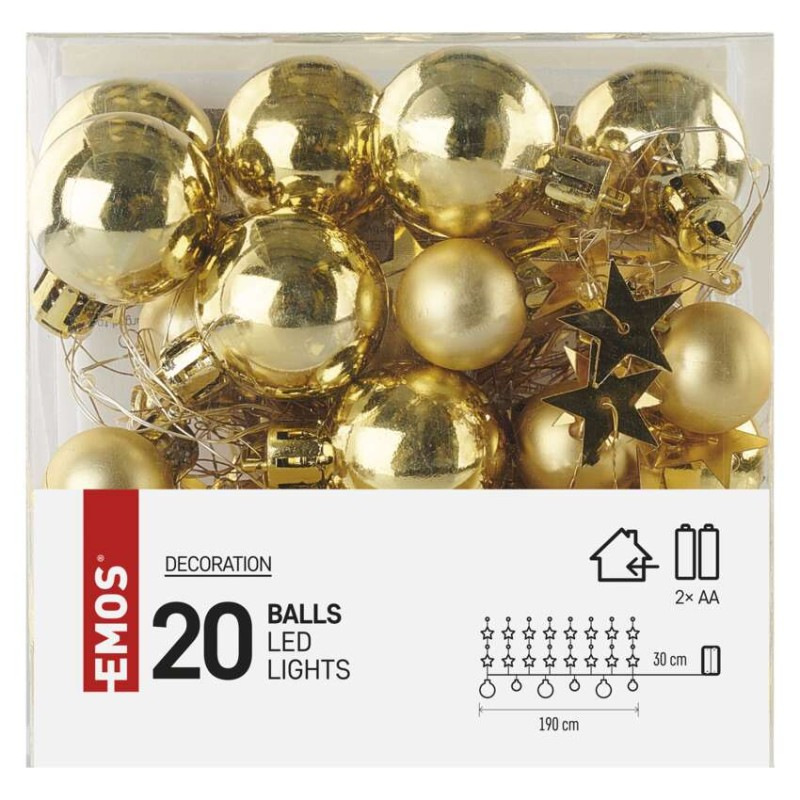 LED vianočná girlanda – zlaté guličky, 1,9 m, 2x AA, vnútorný, teplá biela, časovač 4