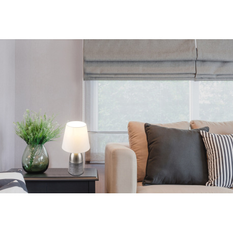 Stolová lampa, nikel matný, textil biely, textilný kábel čierno-biely 1,5 m, dotykový spínač on/off, 7