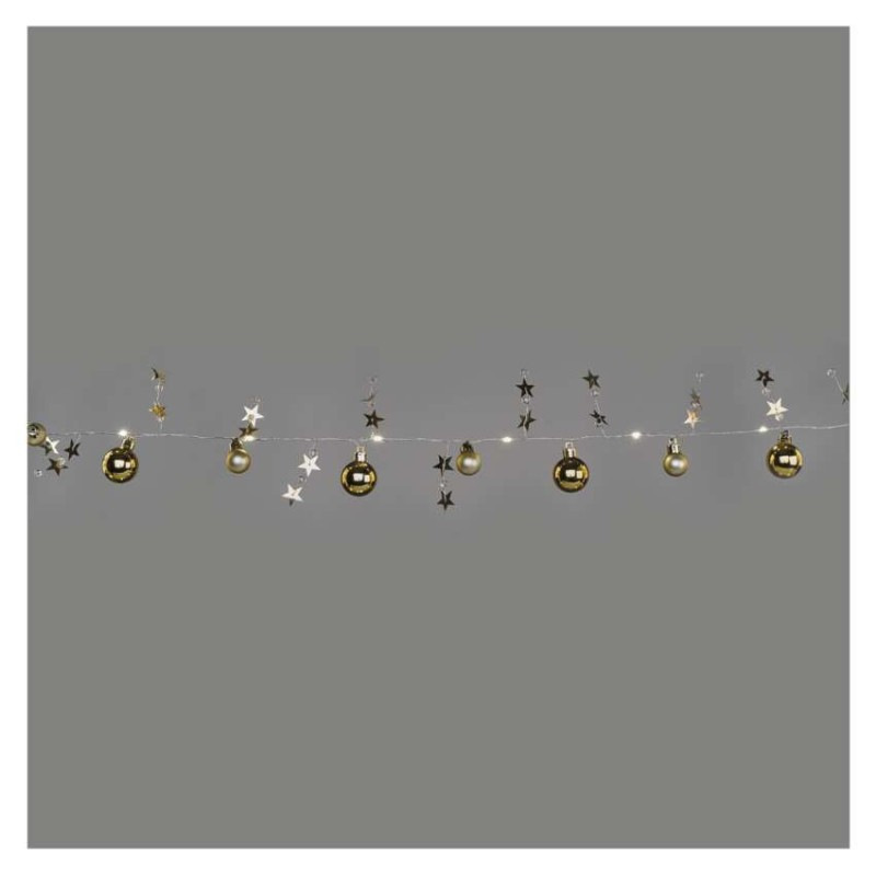 LED vianočná girlanda – zlaté guličky, 1,9 m, 2x AA, vnútorný, teplá biela, časovač 7