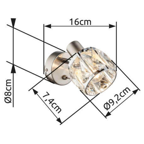 Nástenné svietidlo, kov nikel matný, chróm, sklenený kryštál priehľadný, vypínač, ŠxV:92x125, H:160, 12