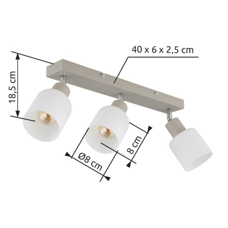 Stropné svietidlo, kov, piesková matná, kov chrómovaný, sklo biele, DxŠxV: 410x80x185mm, bez žiarovi 14