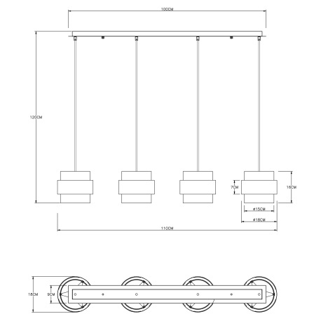 Závesné svietidlo, kov čierny matný, sklo, mosadz, DxŠxV: 1110x180x1200mm, bez žiaroviek 4x E27, max 10
