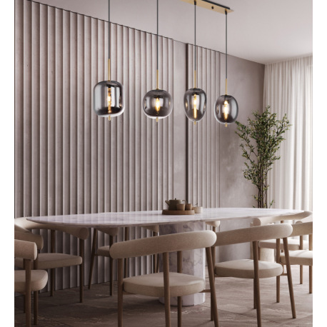 Závesné svietidlo, kov čierny, mosadz, dymové sklo, DxŠxV:1100x185x1200mm, bez žiaroviek 4x E14, max 2