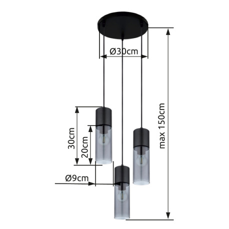 Závesné svietidlo, kov čierny, dymové sklo, kov čierny, textilný čierny kábel, ø: 300mm, V:1500mm, b 16