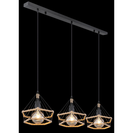 Závesné svietidlo, kov čierny, konopné lano hnedé, kov čierny, DxŠxV:1000x250x1200, bez žiaroviek 3x 8