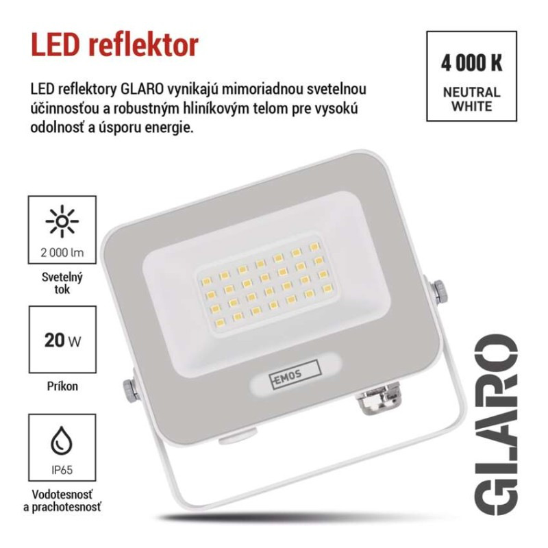 LED reflektor GLARO 20W, biely, IP65, 2000 lm, neutrálna biela 6