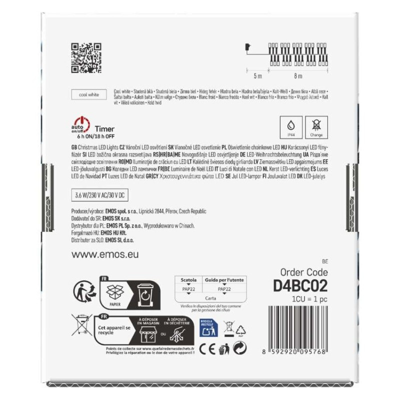 LED vianočná reťaz – cluster, 8 m, vonkajšia aj vnútorná, studená biela, časovač 8