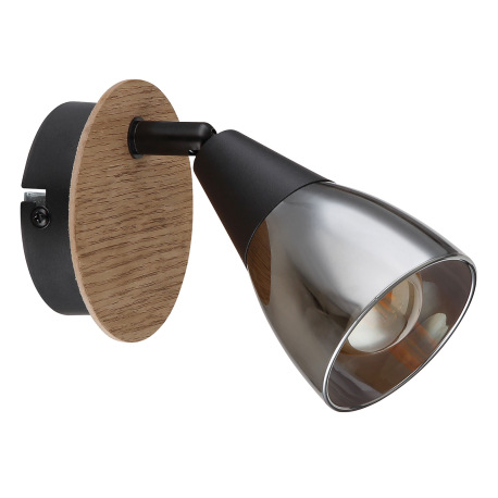 Nástenné svietidlo, bodové, kov čierny matný, drevo hnedé, sklo dymové, ø 80 mm, V:130mm, H: 160mm, 9