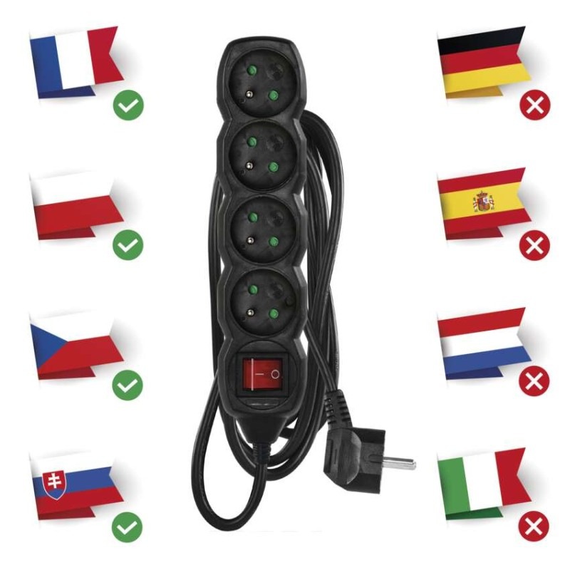 Predlžovací kábel 3 m / 4 zásuvky / s vypínačom / čierny / PVC / 1 mm2 1