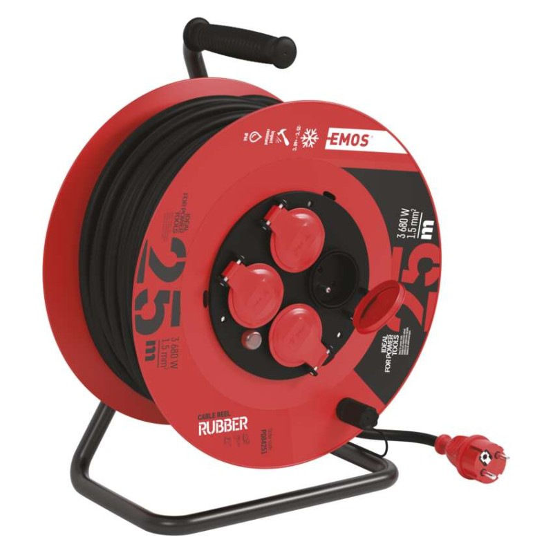 Vonkajší predlžovací kábel na bubne 25 m / 4 zásuvky / čierny / guma / 230 V / 1,5 mm2 10