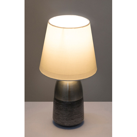 Stolová lampa, nikel matný, textil biely, textilný kábel čierno-biely 1,5 m, dotykový spínač on/off, 9
