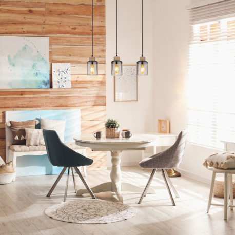 Závesné svietidlo kov čierny matný, drevo tmavohnedé, sklo dymovej farby, kábel PVC čierny, možnosť 1